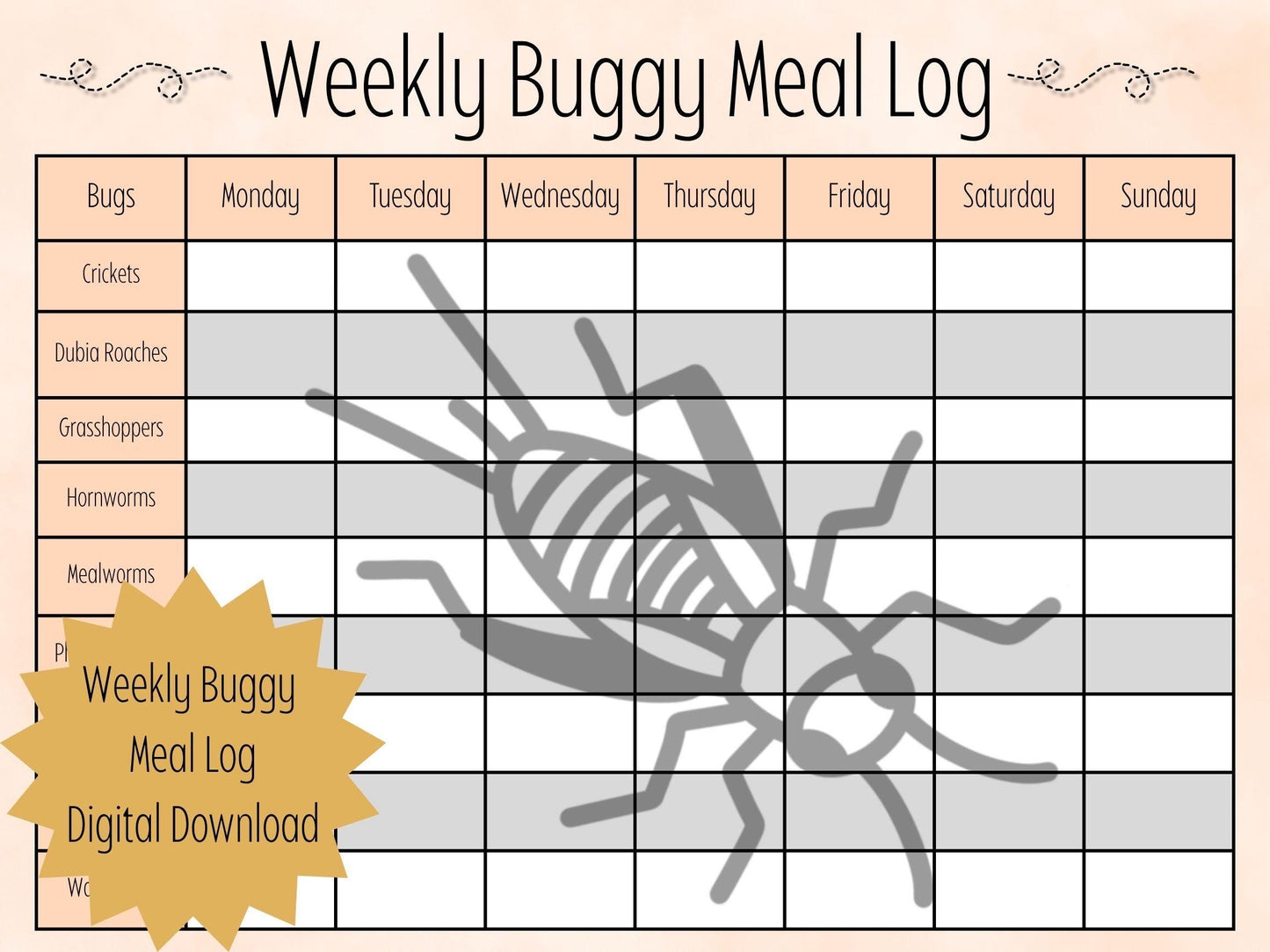 Reptile Meal Calendar: Insect Feeding Tracker (Digital Download)