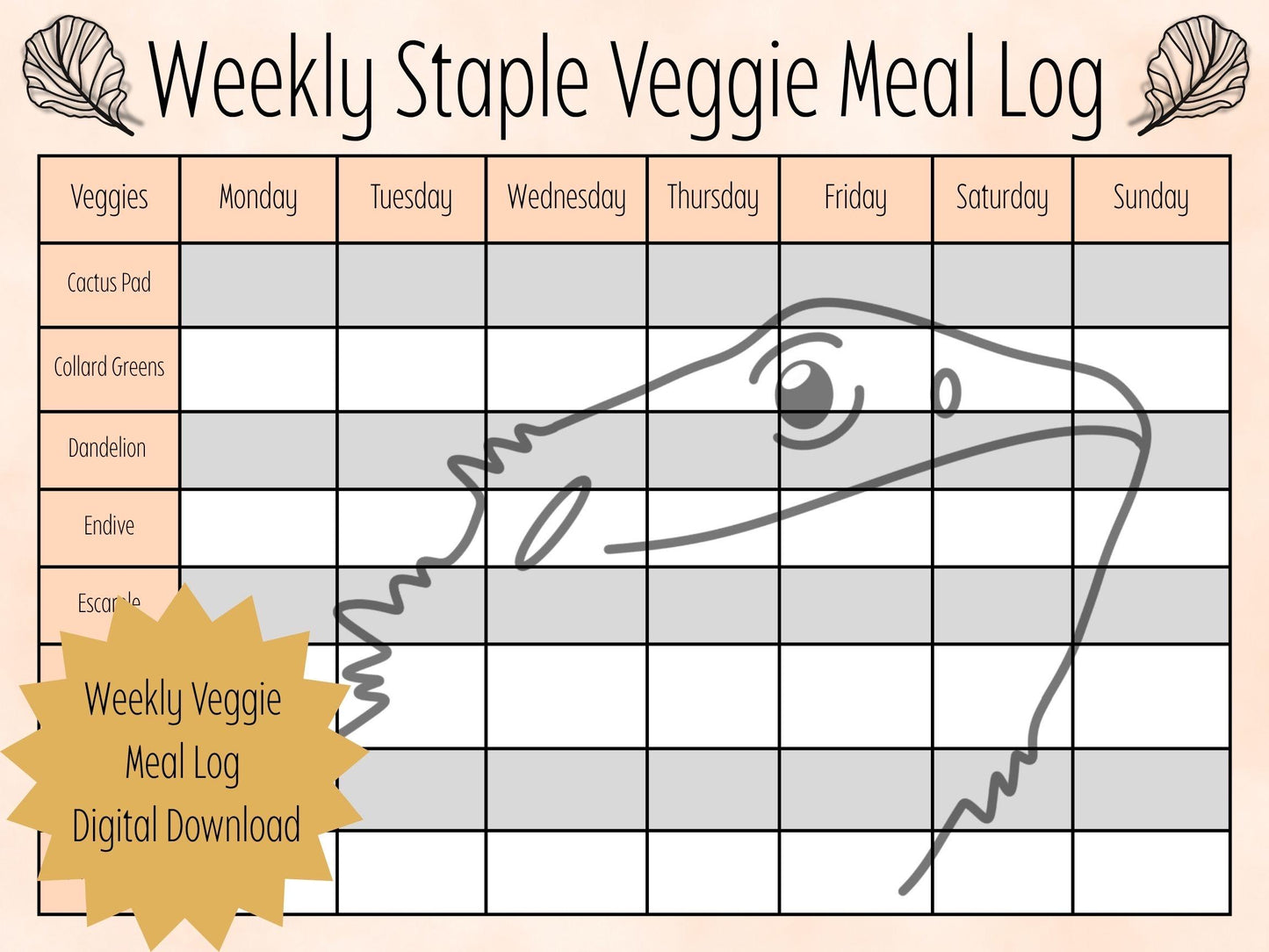 Bearded Dragon Meal Planner: Weekly Reptile Diet Tracker (Digital Download)